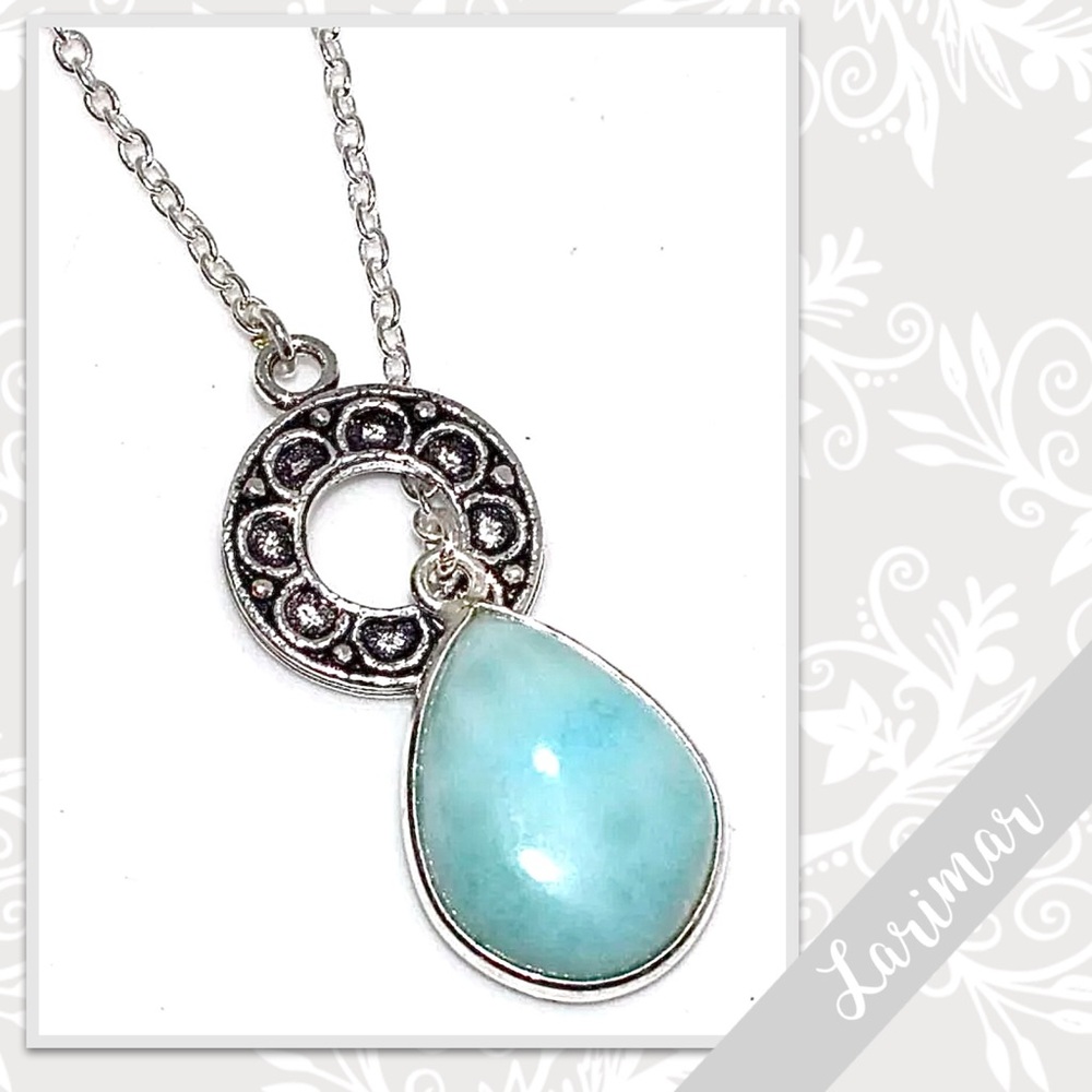 Larimar Eclectic Silver Artisan Lariat Necklace, 19” (Turquoise / Aqua Blue)